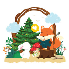 Illustration of a cute fox reading a book and a cute bunny in the forest