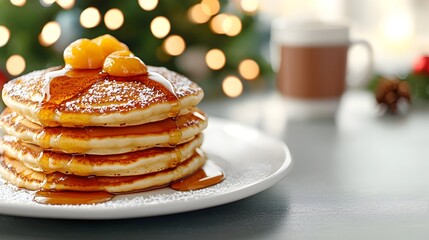 Cozy winter breakfast scene featuring a plate of fluffy pancakes drizzled with sweet maple syrup a steaming mug of rich hot chocolate