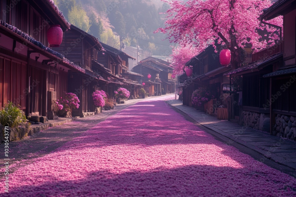 Poster A serene street lined with cherry blossoms, creating a picturesque scene of natural beauty.