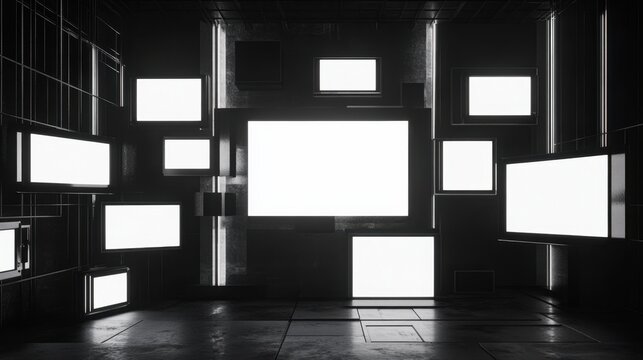 Vertically stacked TVs with blank screens in monochrome, futuristic and industrial design, 3D rendered for a bold tech-driven presentation