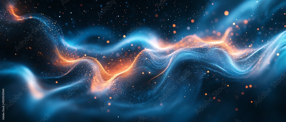 Poster creative abstract blue banner for a tech website, emphasizing fluid designs and digital motifs to ca