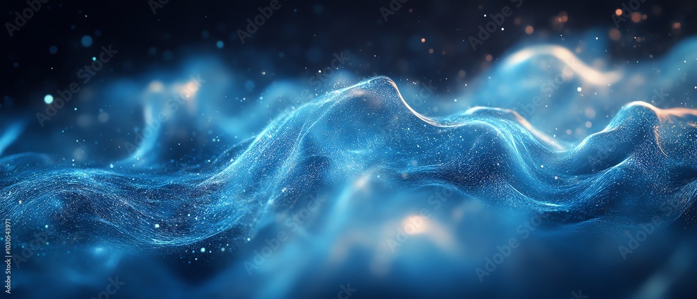 Poster creative abstract blue banner for a tech website, emphasizing fluid designs and digital motifs to ca