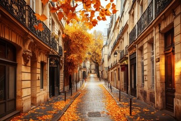 Obraz premium A serene autumn street lined with fallen leaves and charming buildings.