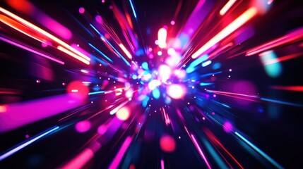 Fototapeta premium Neon shapes exploding outward with bright, glowing lights and radiant lines, full of energy and motion.