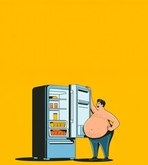 illustrazione uomo con grossa pancia che apre il frigo su fondo neutro