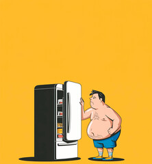 illustrazione di un uomo grasso che apre il frigorifero con una espressione triste