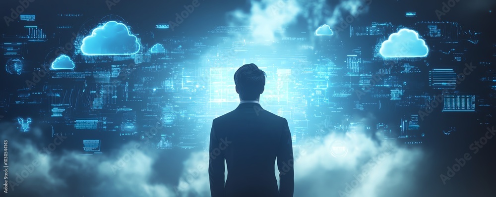 Fototapete Creative stock image depicting a businessman with cloud computing infographics and tech icons, illustrating the concept of technologydriven transformation