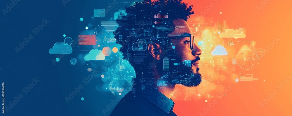Poster creative stock image depicting a businessman with cloud computing infographics and tech icons, illus