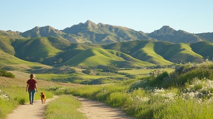 Obraz premium Hiking with Dog in Mountains.