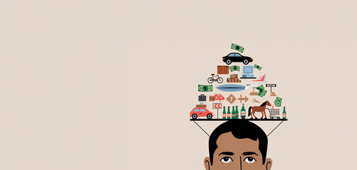 Illustrazione minimalista di un uomo che pensa intensamente, con un'espressione seria e la testa piena di vari oggetti che rappresentano la complessità dei suoi pensieri. Sopra la testa dell'uomo, una