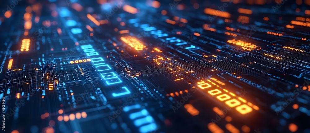 Aufkleber Dynamic background representing innovation in cyber technology, incorporating binary code, circuits, and glowing data streams