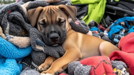 Puppy Sleeping in Blankets.