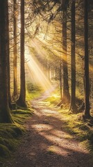 Sunlit Forest Path with Rays of Light