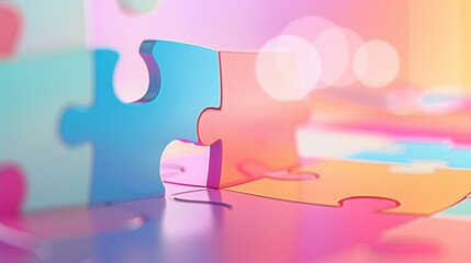 Close-up of colorful jigsaw puzzle pieces on reflective surface with soft lighting.