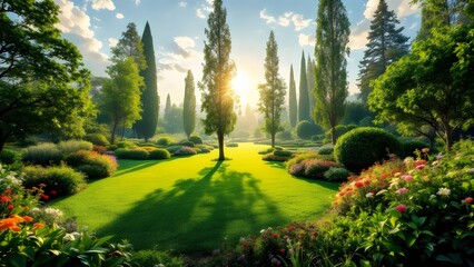 Naklejka premium Picturesque Garden Landscape with Sunbeams Streaming through Trees