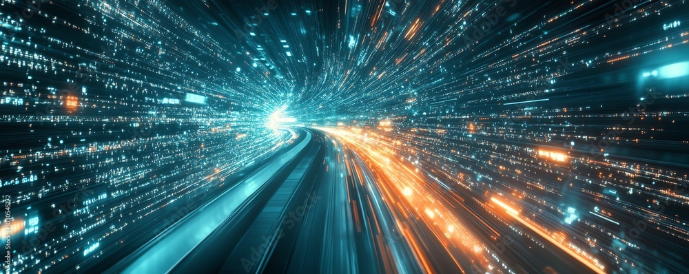Poster Futuristic visualization of an information highway with luminous streams of light, emphasizing speed and efficiency in data transfer
