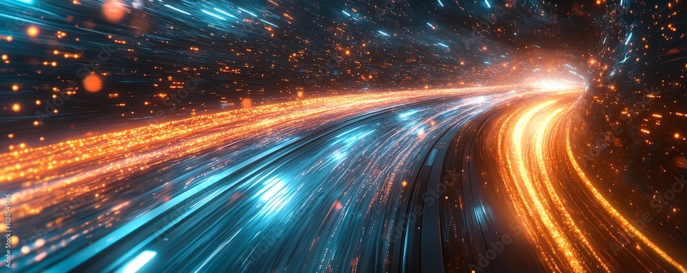 Poster Futuristic visualization of an information highway with luminous streams of light, emphasizing speed and efficiency in data transfer