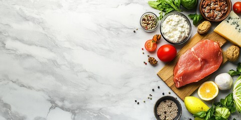 Fresh ingredients on a marble surface, perfect for meal preparation and healthy cooking inspiration.