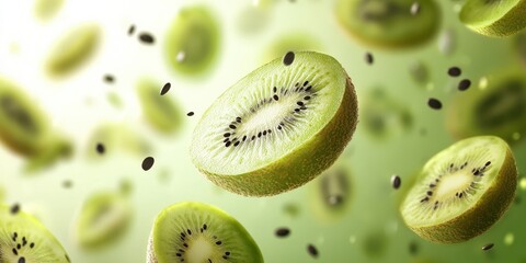 Fresh kiwi slices floating in the air, showcasing vibrant green color and rich textures, perfect for healthy eating themes.