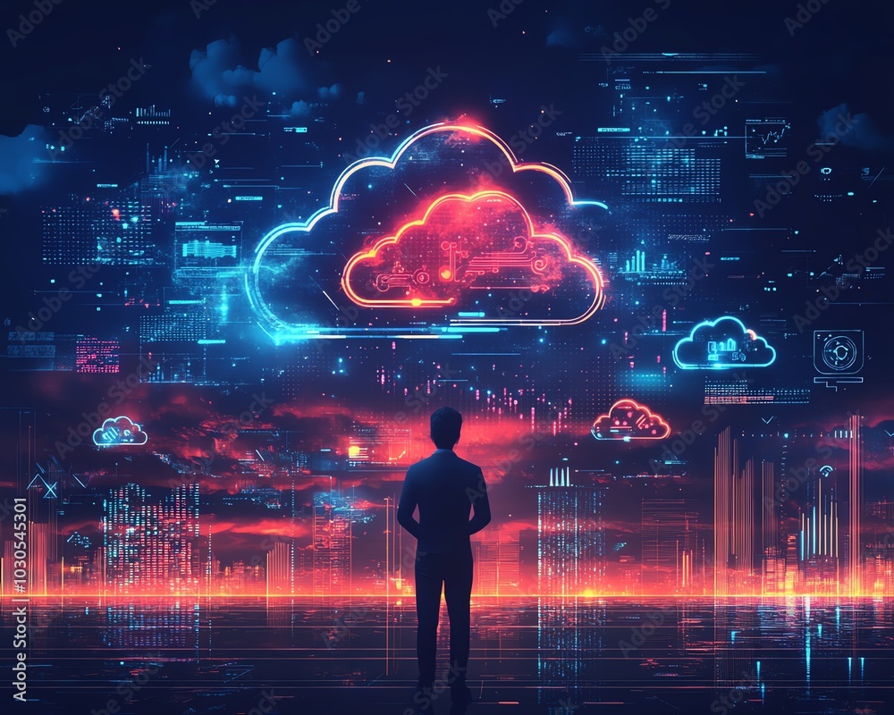 Poster Illustration of a businessman presenting cloud computing infographics and technology symbols, emphasizing the concept of technological innovation in a stock image