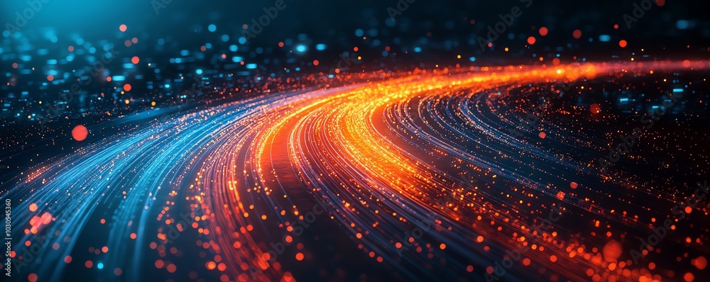 Poster illustration of an information highway filled with radiant streams of light, symbolizing the exchang