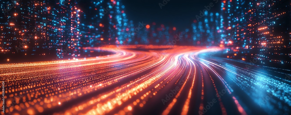 Poster Illustration of an information highway filled with radiant streams of light, symbolizing the exchange of information and digital communication