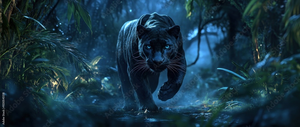 Sticker A sleek black panther prowls through a mystical, foggy jungle at night.