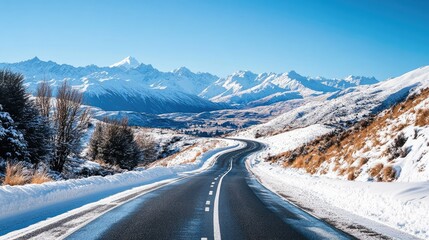 A winter scene on Road  Snow-covered hills and a winding road lined with snowy trees  distant mountains  and a clear blue sky  road with snow  mountains remarkable 