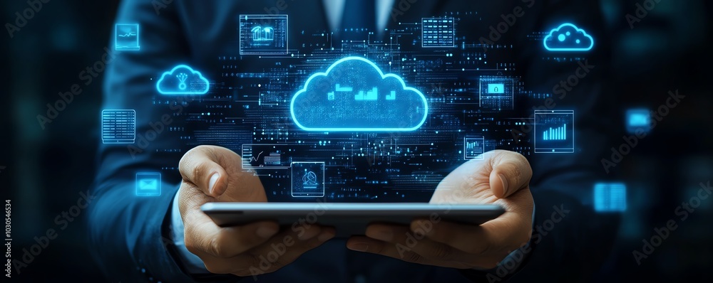 Aufkleber Professional image of a businessman displaying cloud computing data and technology icons, emphasizing innovation and digital transformation in a stock concept