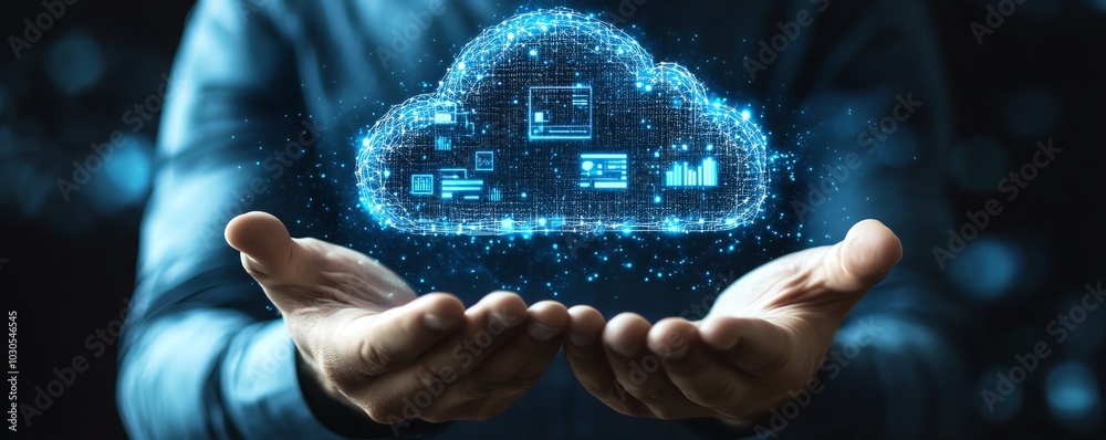 Poster Professional image of a businessman displaying cloud computing data and technology icons, emphasizing innovation and digital transformation in a stock concept