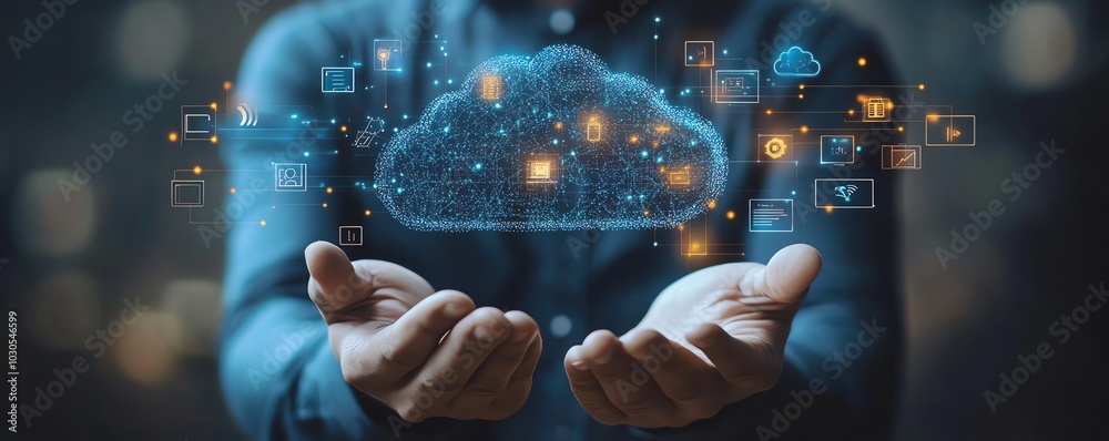 Aufkleber Professional image of a businessman displaying cloud computing data and technology icons, emphasizing innovation and digital transformation in a stock concept