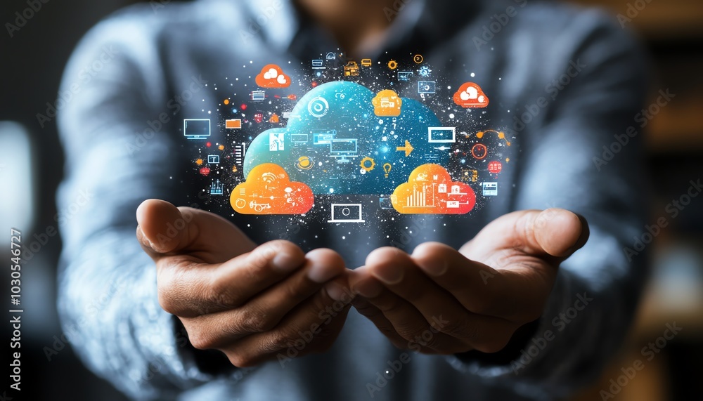Aufkleber stock image of a businessman holding cloud computing infographics, surrounded by technology icons, r