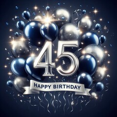 Fototapeta premium Vibrant birthday celebration graphic featuring silver and blue balloons for a 45th birthday.