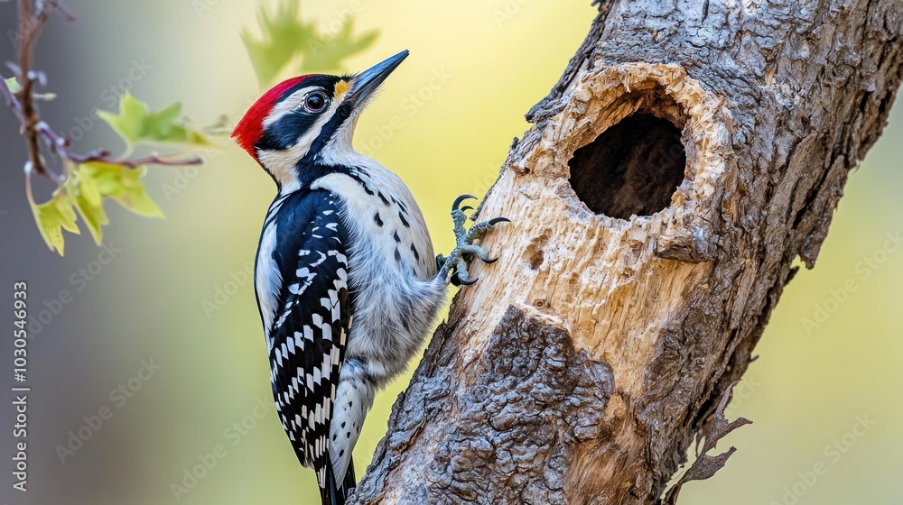 Wall mural A woodpecker perched on a tree near its nest hole, showcasing its vibrant plumage.