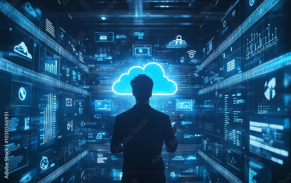 Aufkleber Stockgenerated image of a businessman interacting with cloud computing infographics, surrounded by digital technology icons representing transformation