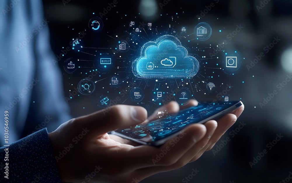 Leinwandbilder Stockgenerated image of a businessman interacting with cloud computing infographics, surrounded by digital technology icons representing transformation