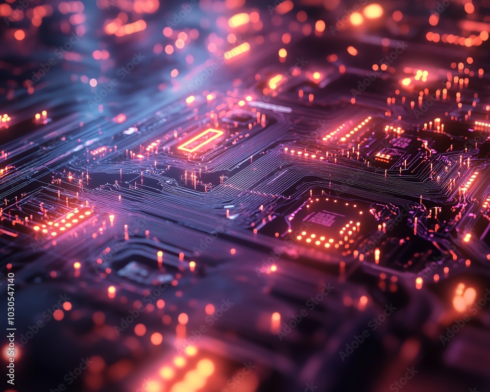 Fototapete stylized background emphasizing innovation in cyber technology, with glowing effects and digital pat