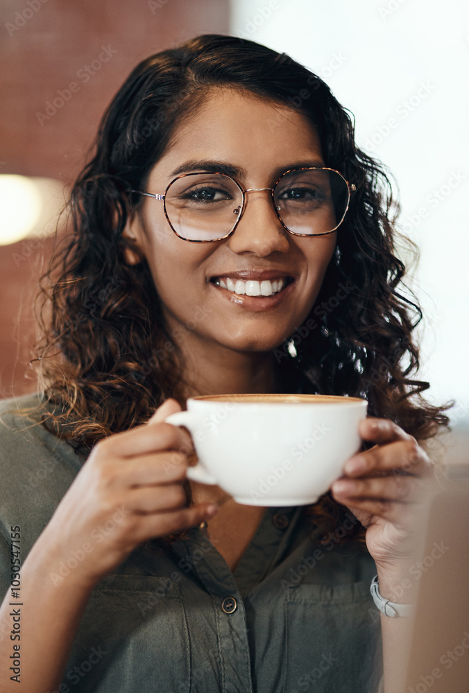 Poster Cafe, coffee and portrait of woman with smile for restaurant, enjoyment and beverage in morning. Happy, customer and female person with warm drink in cup for caffeine, satisfaction and cappuccino