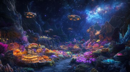 Obraz premium A vibrant underwater landscape filled with colorful corals and futuristic submarines.