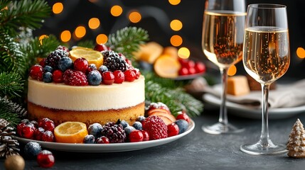 Naklejka premium Beautifully arranged winter dessert table featuring a selection of scrumptious holiday treats including a rich Christmas pudding decadent fruitcake