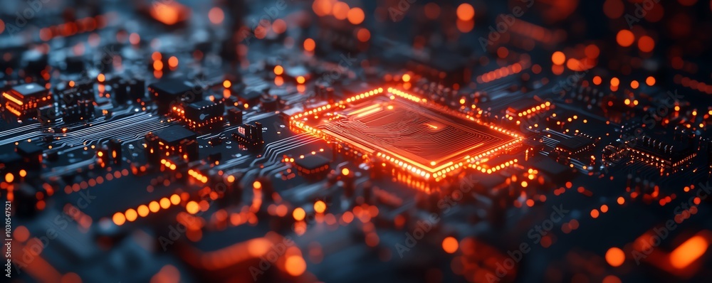 Poster Visual representation of innovation in cyber technology, including circuit boards, data flow graphics, and modern tech interfaces in a stock image