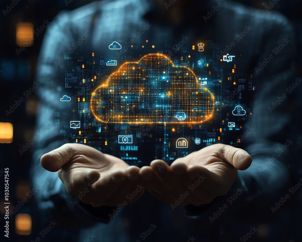 Fototapete Visual representation of a businessman holding cloud computing charts and tech icons, capturing the essence of innovation and digital change in a stock image