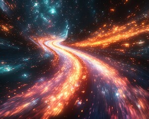 Visual representation of an information highway with flowing streams of light, symbolizing fast data transfer and connectivity