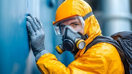 Asbestos Abatement Professional in Protective Gear Carefully Removing Contaminated Insulation Panels from an Old Industrial Building during Renovation or Demolition Project