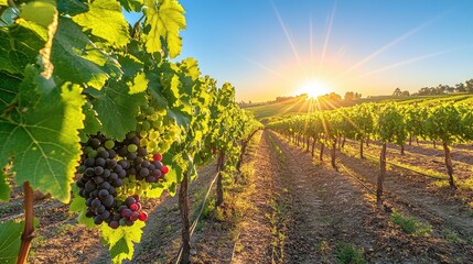 Naklejka premium Lush Grape Vines Under Clear Blue Sky at Sunrise