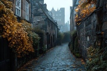 A misty cobblestone alley lined with autumn leaves and historic stone buildings. - Powered by Adobe