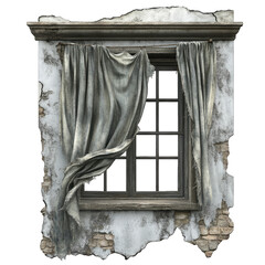 Creepy Torn Curtain Blowing Through a Broken Window in a Decaying House