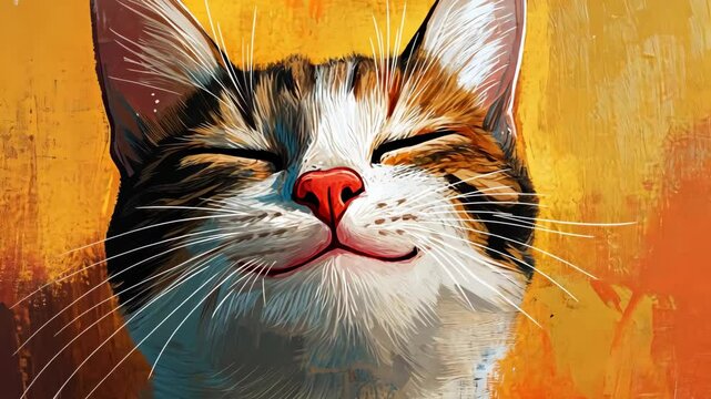A close-up painting of a cat with its eyes closed, smiling with its mouth open, against a vibrant yellow background