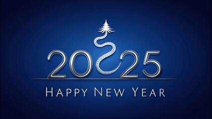 Modern Happy New Year 2025 design with a sleek silver snake forming the number, set against a deep blue background. Copy space