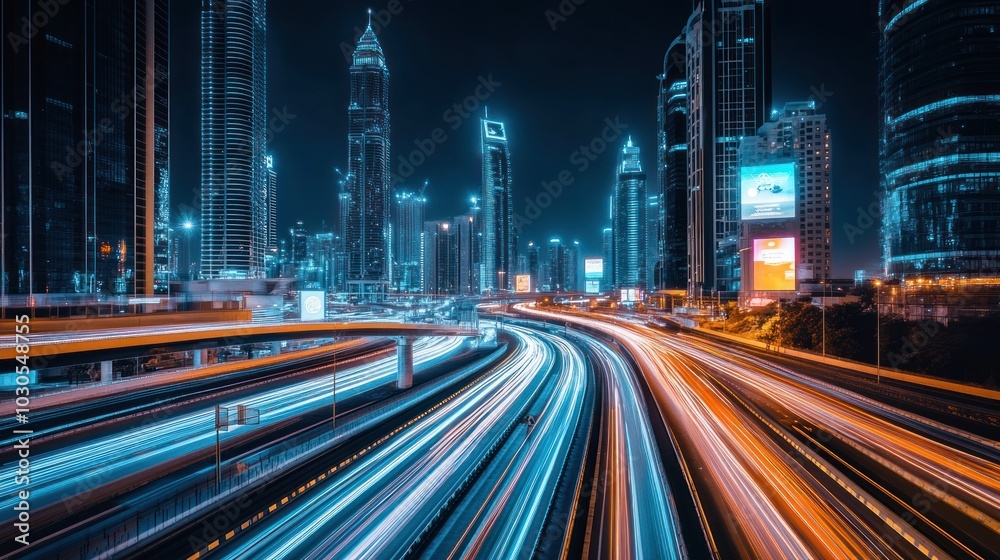 Wall mural Night cityscape with illuminated highways and skyscrapers.